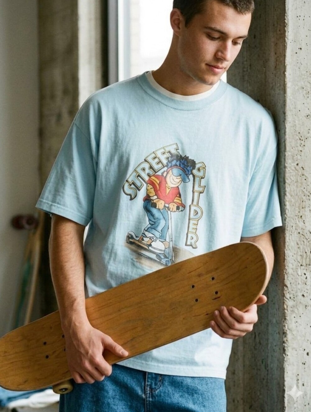 Vintage SOGO 90s Street Glider Scooter Graphic T-Shirt Light Blue L